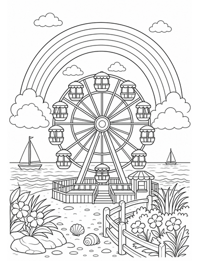 Rainbow Over A Ferris Wheel By The Sea printable coloring page from the rainbow coloring page collection