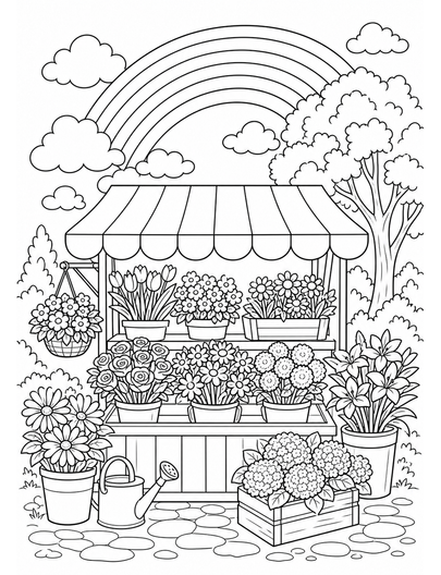 Rainbow Over A Flower Market Stall printable coloring page from the rainbow coloring page collection