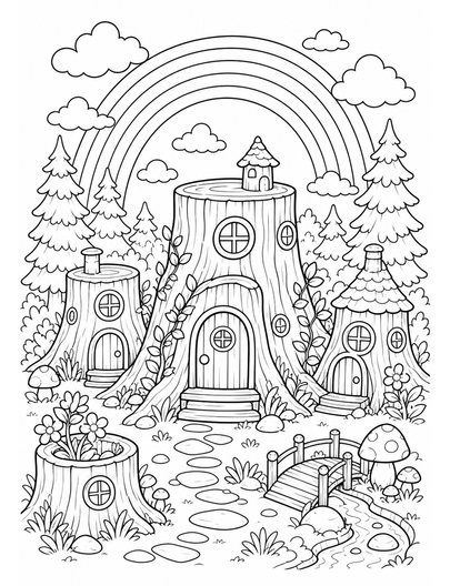 Rainbow Over A Forest Tree Stump Village printable coloring page from the rainbow coloring page collection