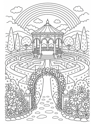 Rainbow Over A Garden Maze Pavilion printable coloring page from the rainbow coloring page collection