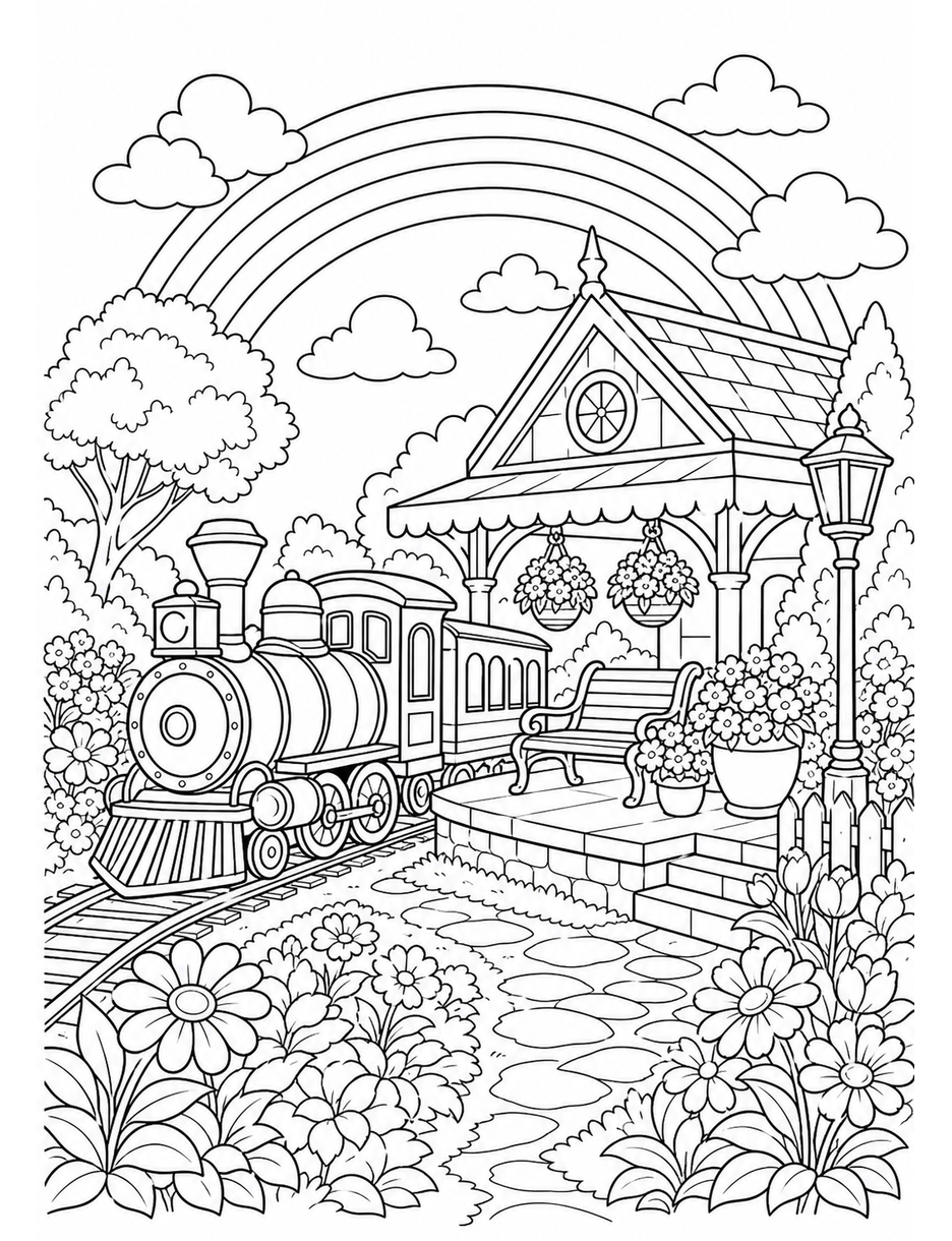 Rainbow Over A Garden Train Station printable coloring page from the rainbow coloring page collection
