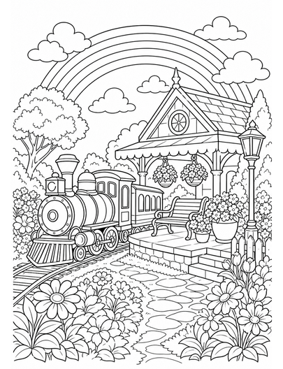 Rainbow Over A Garden Train Station printable coloring page from the rainbow coloring page collection