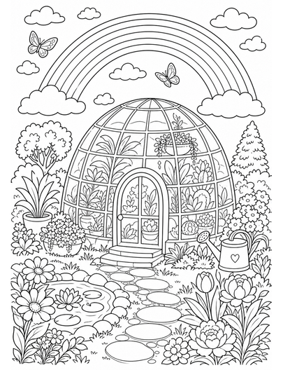 Rainbow Over A Glass Igloo Garden printable coloring page from the rainbow coloring page collection