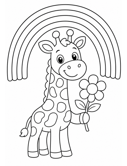 Rainbow Over A Happy Giraffe With A Flower printable coloring page from the rainbow coloring page collection