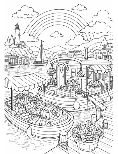 Rainbow Over A Harbor Houseboat Market printable coloring page from the rainbow coloring page collection