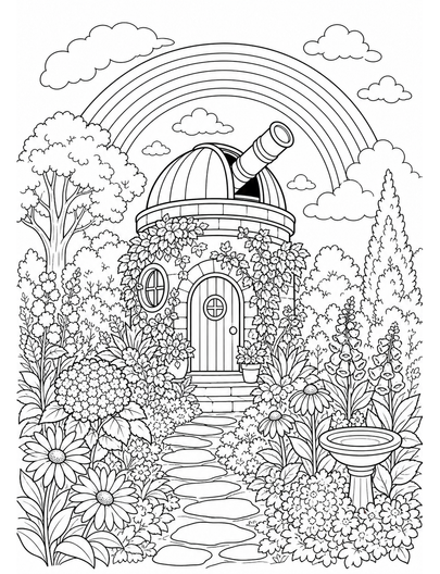 Rainbow Over A Hidden Garden Observatory printable coloring page from the rainbow coloring page collection
