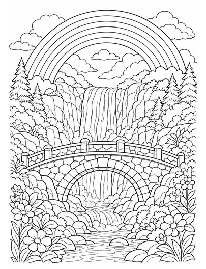 Rainbow Over A Hidden Waterfall Bridge printable coloring page from the rainbow coloring page collection