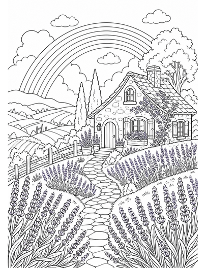 Rainbow Over A Hillside Lavender Cottage printable coloring page from the rainbow coloring page collection