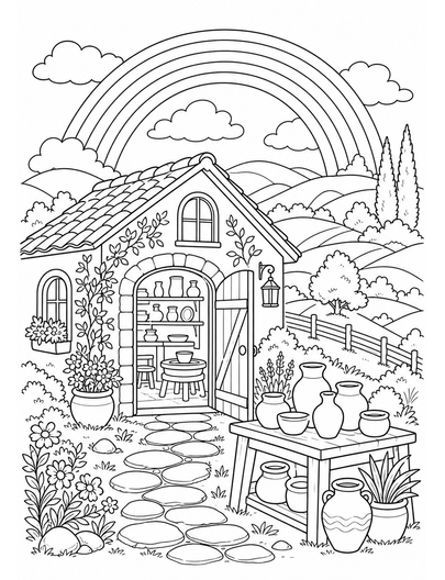 Rainbow Over A Hillside Pottery Studio printable coloring page from the rainbow coloring page collection