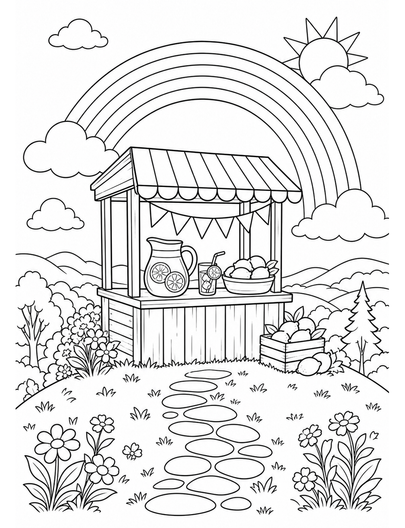 Rainbow Over A Hilltop Lemonade Stand printable coloring page from the rainbow coloring page collection