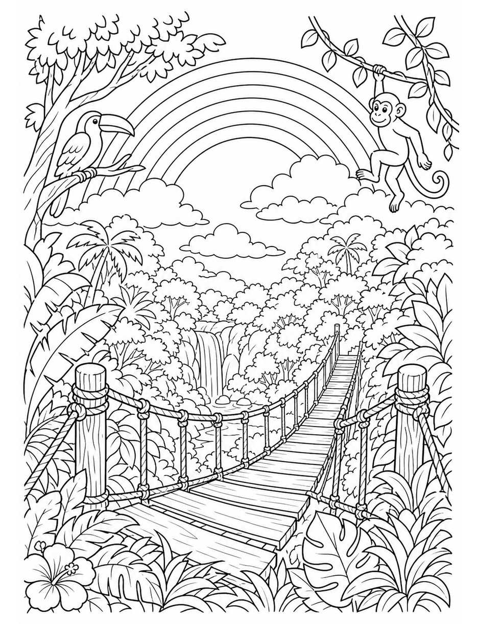 Rainbow Over A Jungle Canopy Rope Bridge printable coloring page from the rainbow coloring page collection