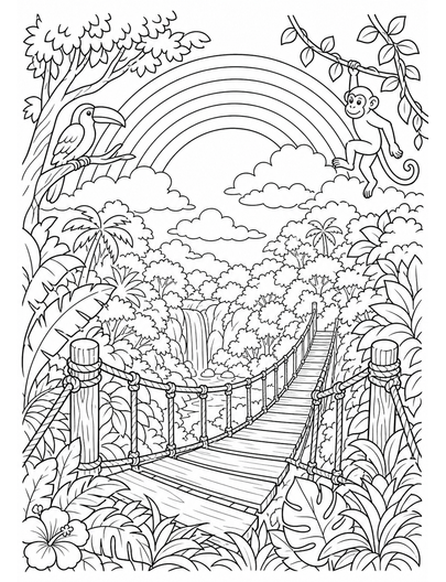Rainbow Over A Jungle Canopy Rope Bridge printable coloring page from the rainbow coloring page collection