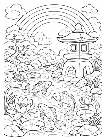 Rainbow Over A Koi Pond Stone Lantern printable coloring page from the rainbow coloring page collection