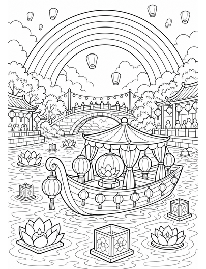 Rainbow Over A Lantern Boat River Festival printable coloring page from the rainbow coloring page collection