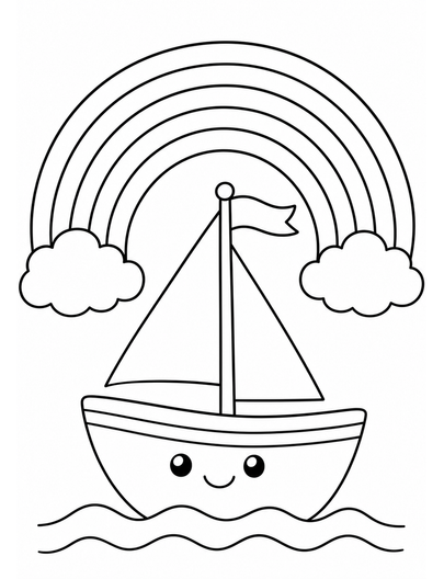 Rainbow Over A Little Sailboat With A Flag printable coloring page from the rainbow coloring page collection