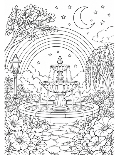 Rainbow Over A Moonlit Garden Fountain printable coloring page from the rainbow coloring page collection