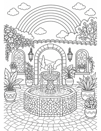 Rainbow Over A Mosaic Courtyard Fountain printable coloring page from the rainbow coloring page collection