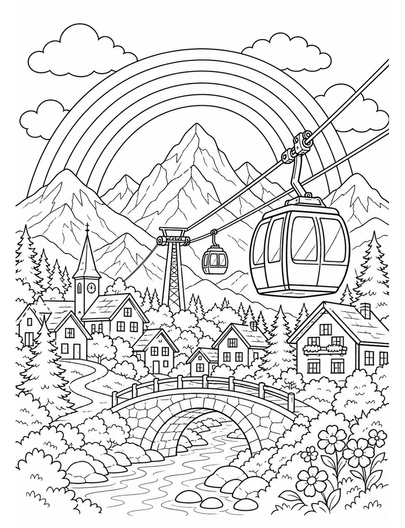 Rainbow Over A Mountain Cable Car Village printable coloring page from the rainbow coloring page collection