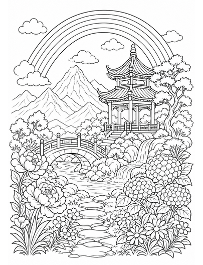 Rainbow Over A Mountain Garden Pagoda printable coloring page from the rainbow coloring page collection