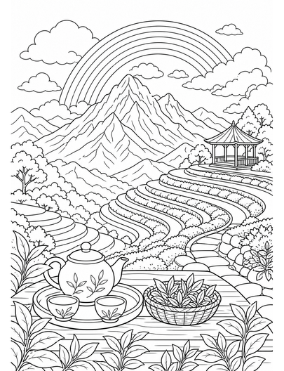 Rainbow Over A Mountain Tea Terrace printable coloring page from the rainbow coloring page collection