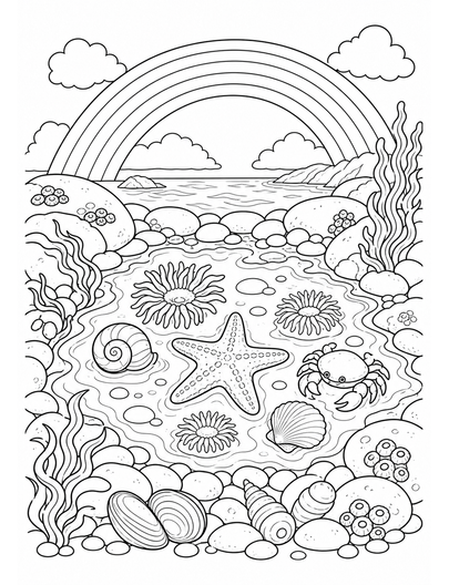 Rainbow Over A Pebble Beach Tide Pool printable coloring page from the rainbow coloring page collection