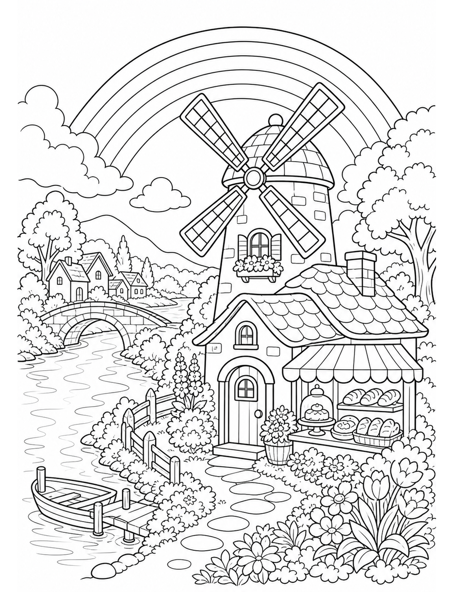 Rainbow Over A Riverside Windmill Bakery printable coloring page from the rainbow coloring page collection