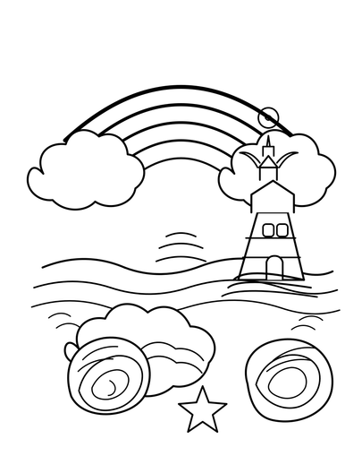 Rainbow Over A Seashell Lighthouse Bay printable coloring page from the rainbow coloring page collection