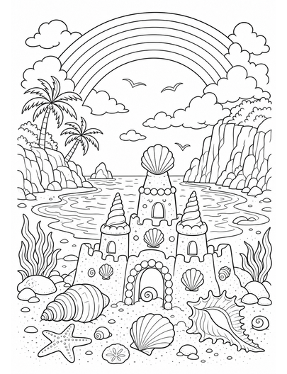 Rainbow Over A Seashell Sandcastle Cove printable coloring page from the rainbow coloring page collection