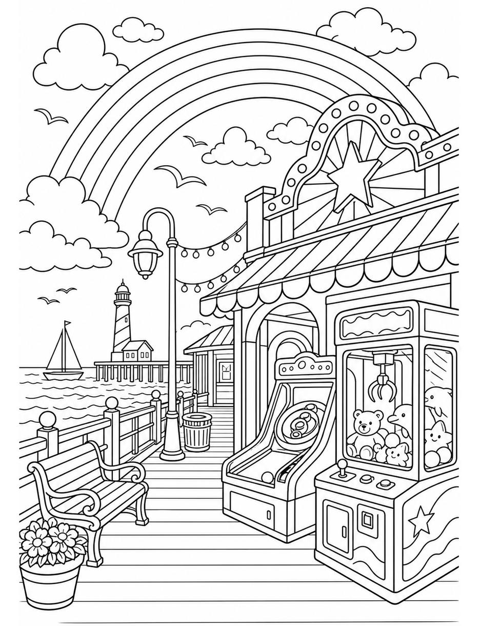 Rainbow Over A Seaside Boardwalk Arcade printable coloring page from the rainbow coloring page collection