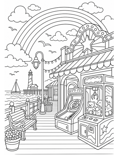 Rainbow Over A Seaside Boardwalk Arcade printable coloring page from the rainbow coloring page collection
