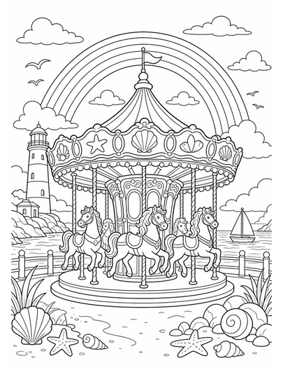 Rainbow Over A Seaside Carousel printable coloring page from the rainbow coloring page collection