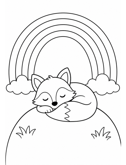 Rainbow Over A Sleeping Fox On A Hill printable coloring page from the rainbow coloring page collection