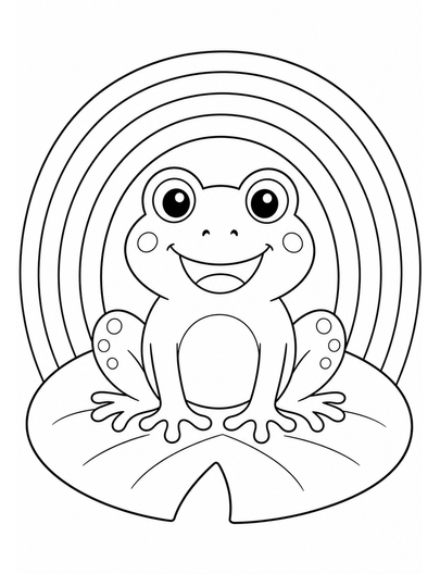 Rainbow Over A Smiling Frog On A Lily Pad printable coloring page from the rainbow coloring page collection