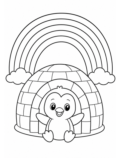 Rainbow Over A Smiling Penguin In An Igloo printable coloring page from the rainbow coloring page collection