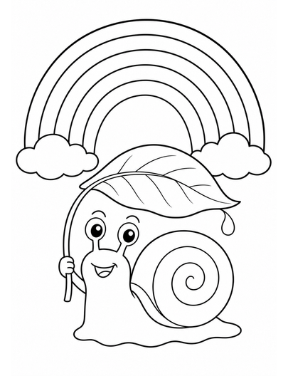 Rainbow Over A Snail With A Leaf Umbrella printable coloring page from the rainbow coloring page collection