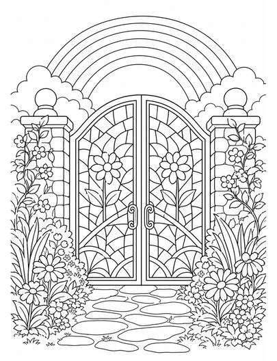 Rainbow Over A Stained Glass Garden Gate printable coloring page from the rainbow coloring page collection