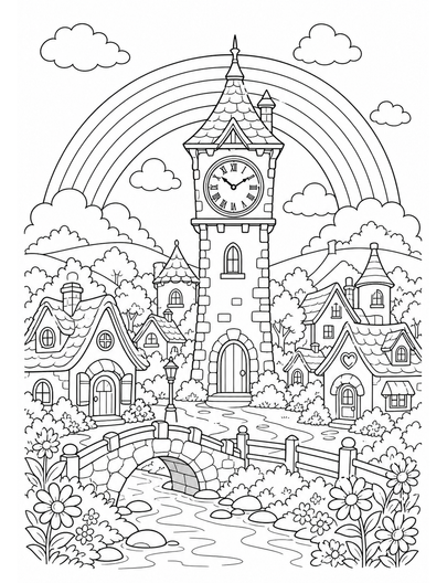 Rainbow Over A Storybook Village Clock Tower printable coloring page from the rainbow coloring page collection