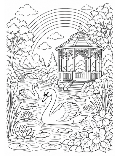 Rainbow Over A Swan Pond Gazebo printable coloring page from the rainbow coloring page collection