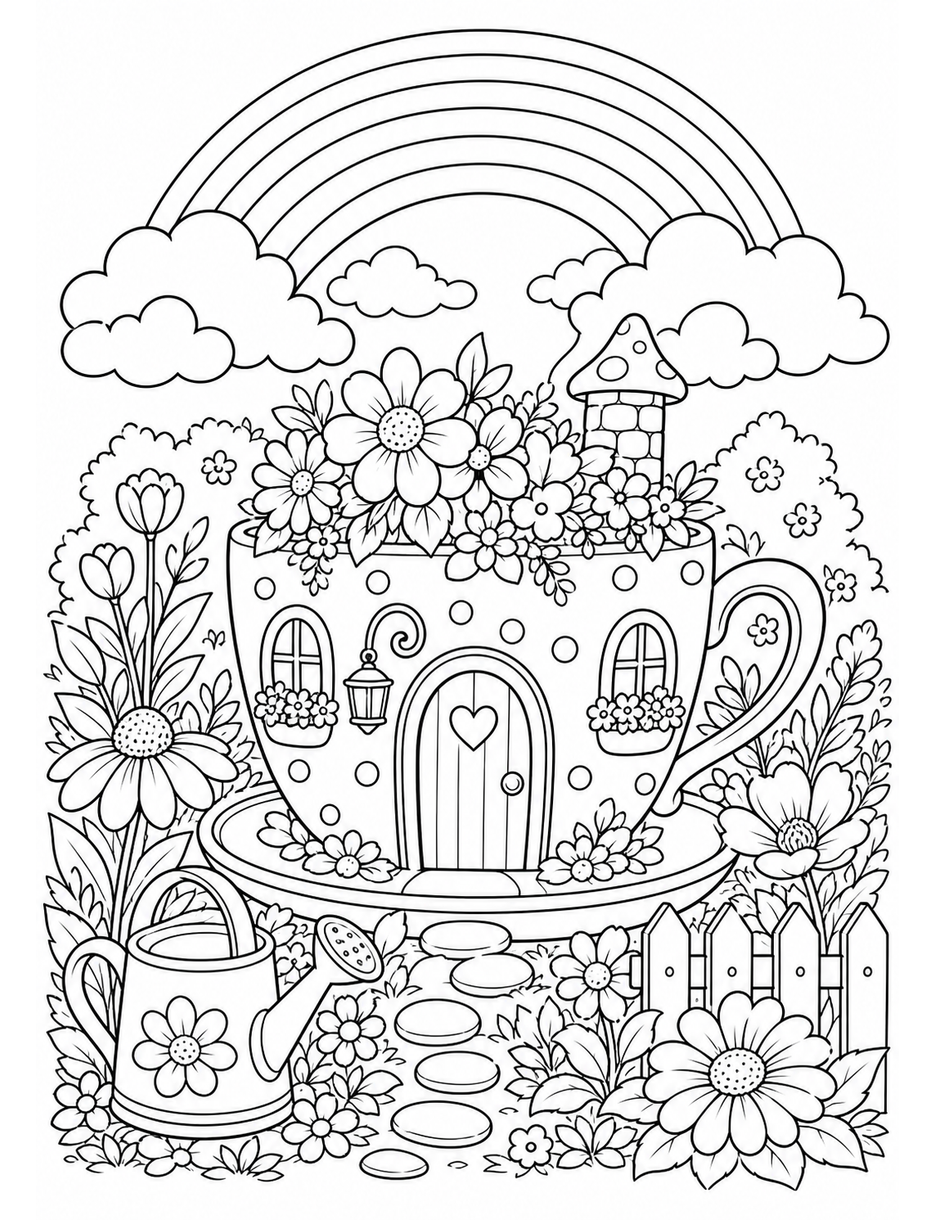 Rainbow Over A Teacup Cottage Garden printable coloring page from the rainbow coloring page collection