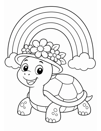 Rainbow Over A Turtle With A Flower Hat printable coloring page from the rainbow coloring page collection