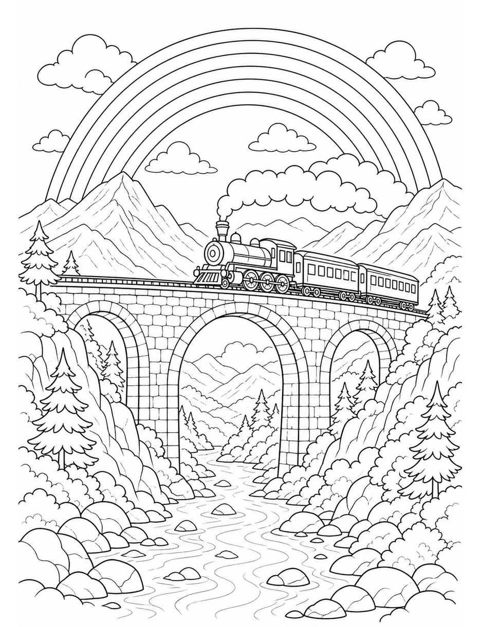 Rainbow Over A Valley Train Bridge printable coloring page from the rainbow coloring page collection