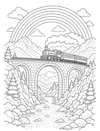 Rainbow Over A Valley Train Bridge printable coloring page from the rainbow coloring page collection