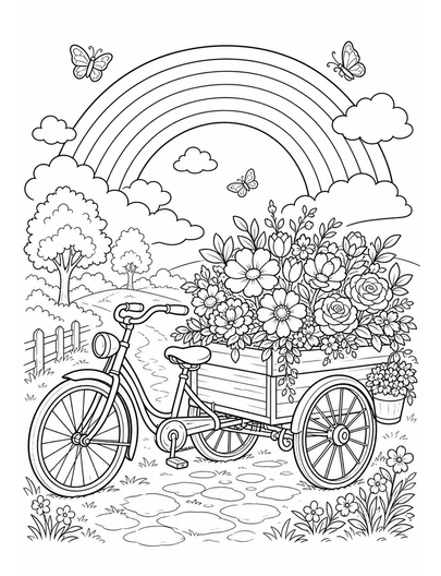 Rainbow Over A Vintage Bicycle Flower Cart printable coloring page from the rainbow coloring page collection