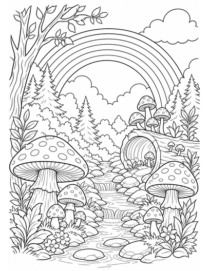 Rainbow Over A Woodland Mushroom Creek printable coloring page from the rainbow coloring page collection