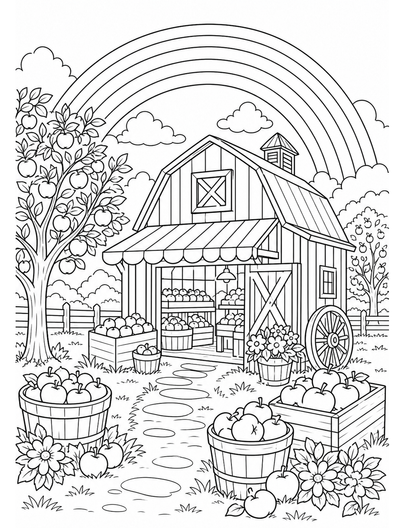 Rainbow Over An Orchard Barn Market printable coloring page from the rainbow coloring page collection