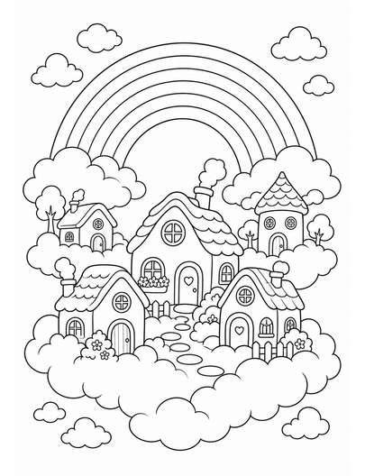 Rainbow Over Cozy Cloud Village printable coloring page from the rainbow coloring page collection