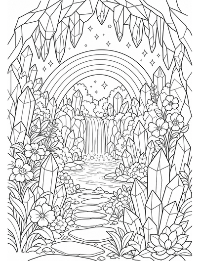 Rainbow Through A Crystal Cave Garden printable coloring page from the rainbow coloring page collection