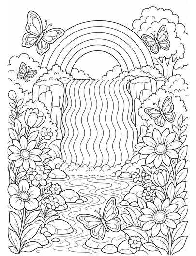 Rainbow Waterfall Garden With Butterflies printable coloring page from the rainbow coloring page collection