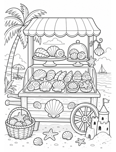 Beach Bakery Cart With Seashell Pastries printable coloring page from the summer coloring pages collection