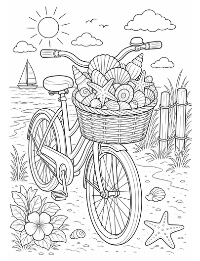 Beach Bicycle Basket Full Of Seashells printable coloring page from the summer coloring pages collection